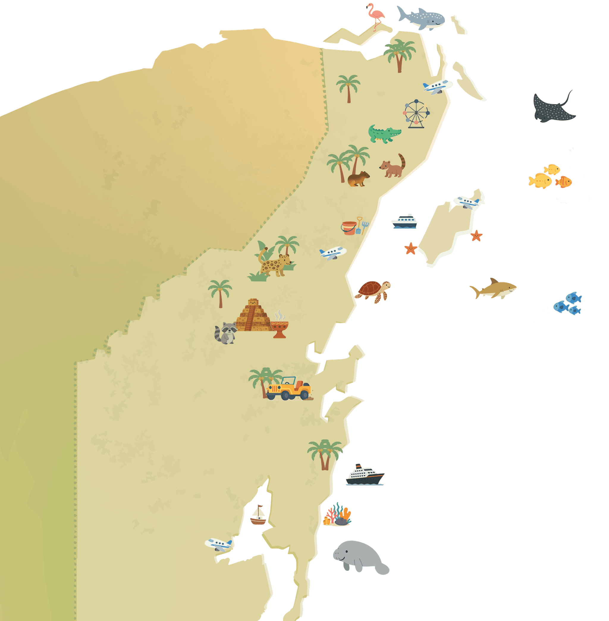 Illustrated map of the Mexican Caribbean for children, with the animals and attractions of each destination