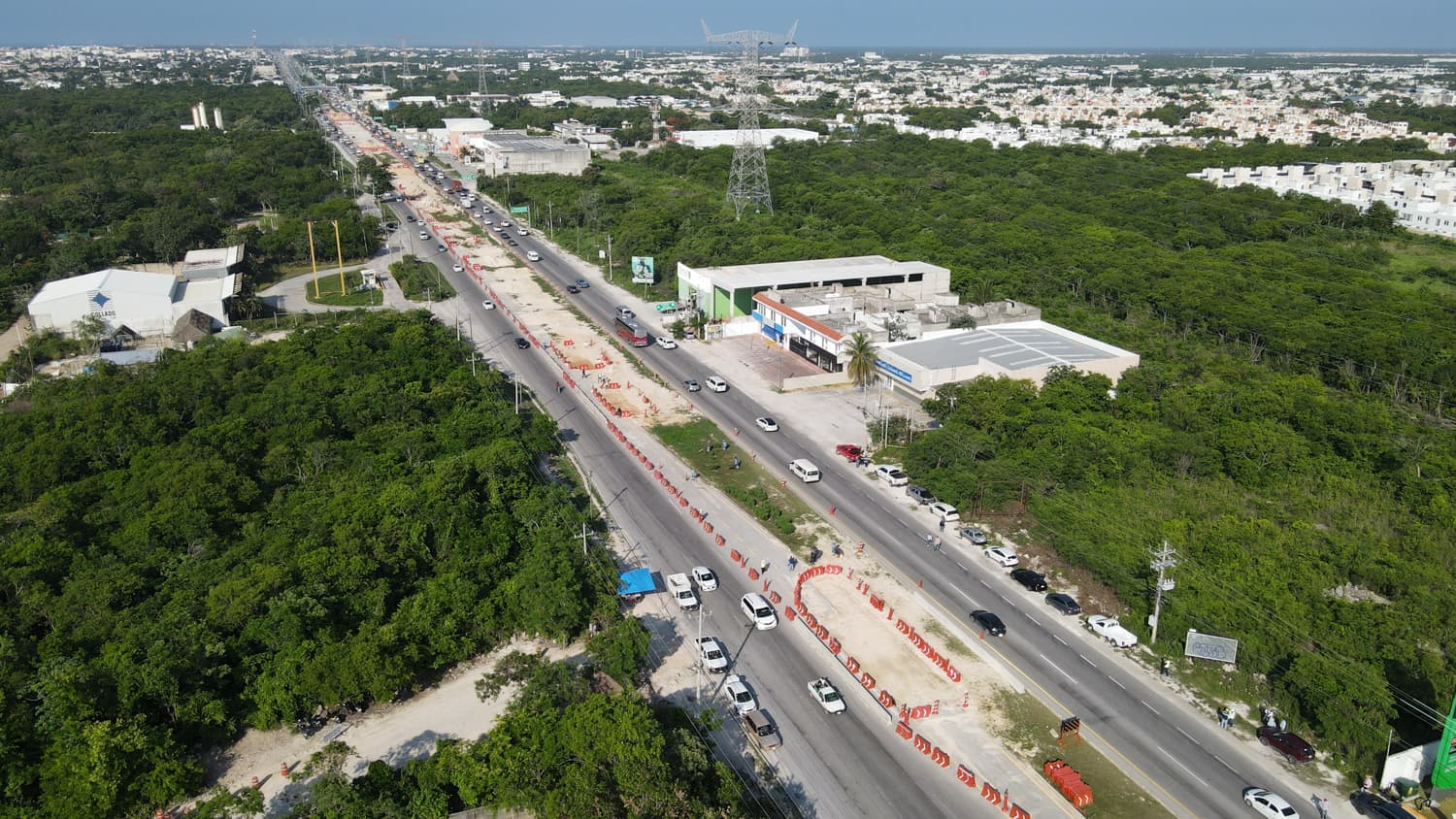 Federal highway 307 from the air, between the jungle and the town, with roadworks along one stretch