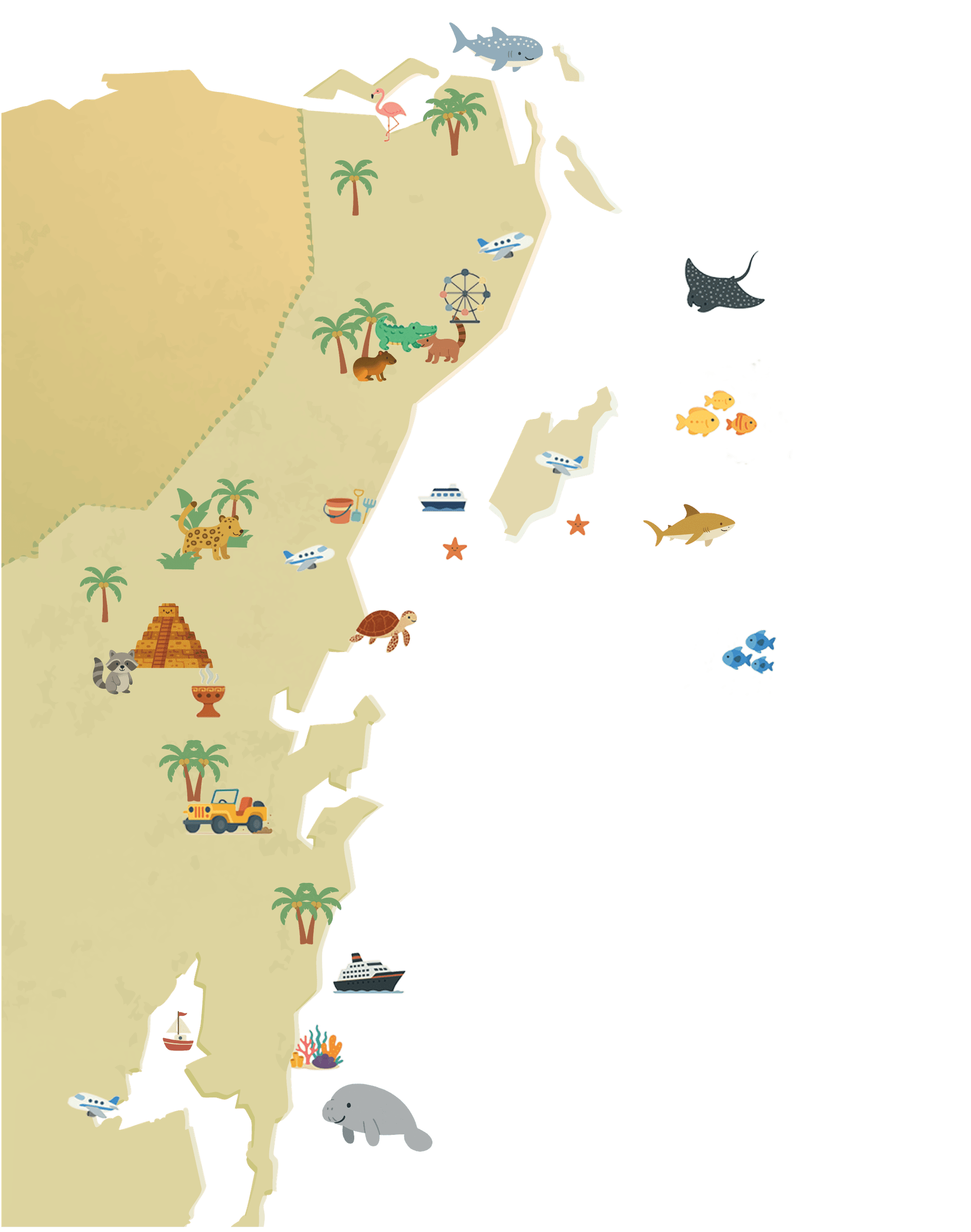 Illustrated map of the Mexican Caribbean for children, with the animals and attractions of each destination