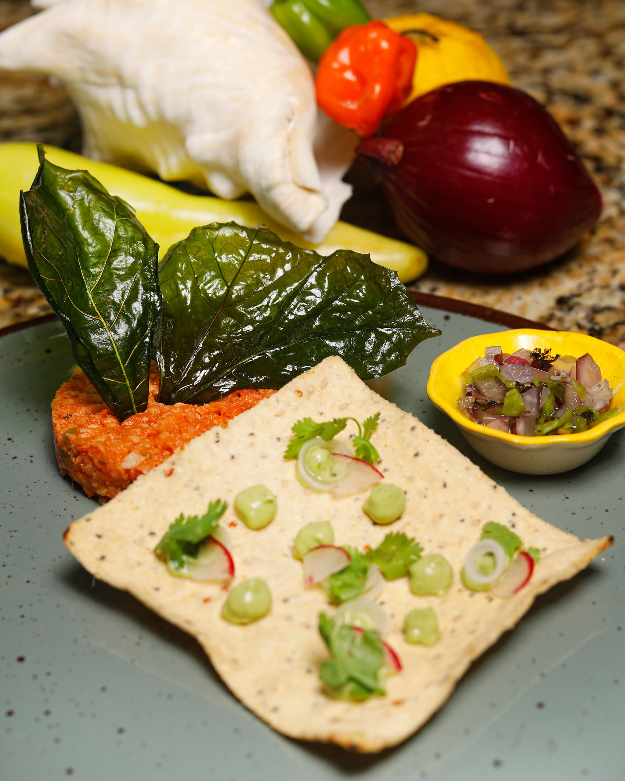 Conch tostada with avocado and radish, beside chillies and onion