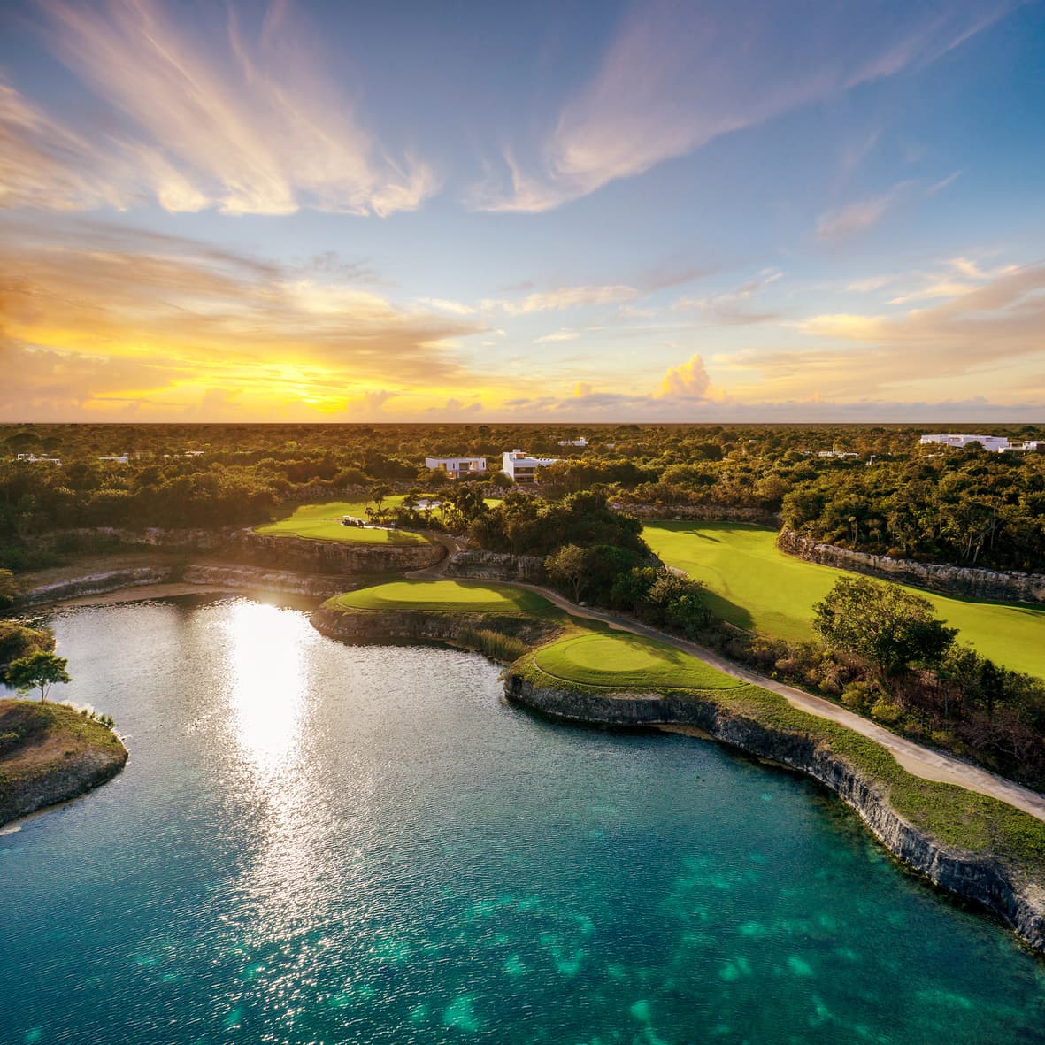 Aerial view of a golf course facing the Caribbean Sea