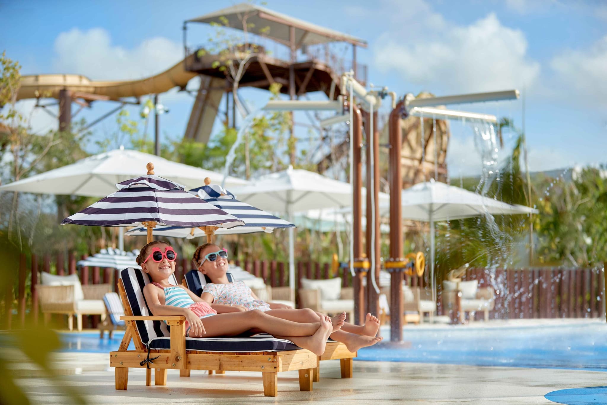 Loungers and slides at a water park