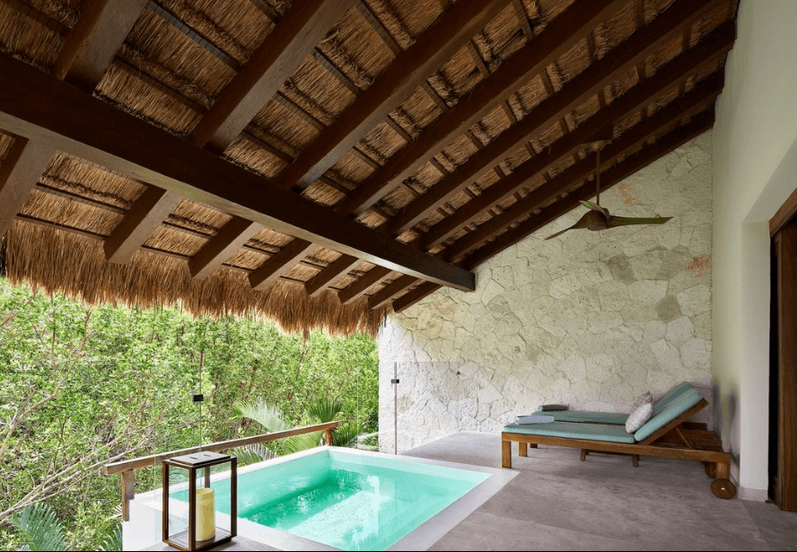 Private terrace under a thatched roof, with a plunge pool and a lounger