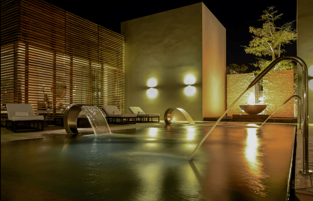 The spa's hydrotherapy circuit lit at night