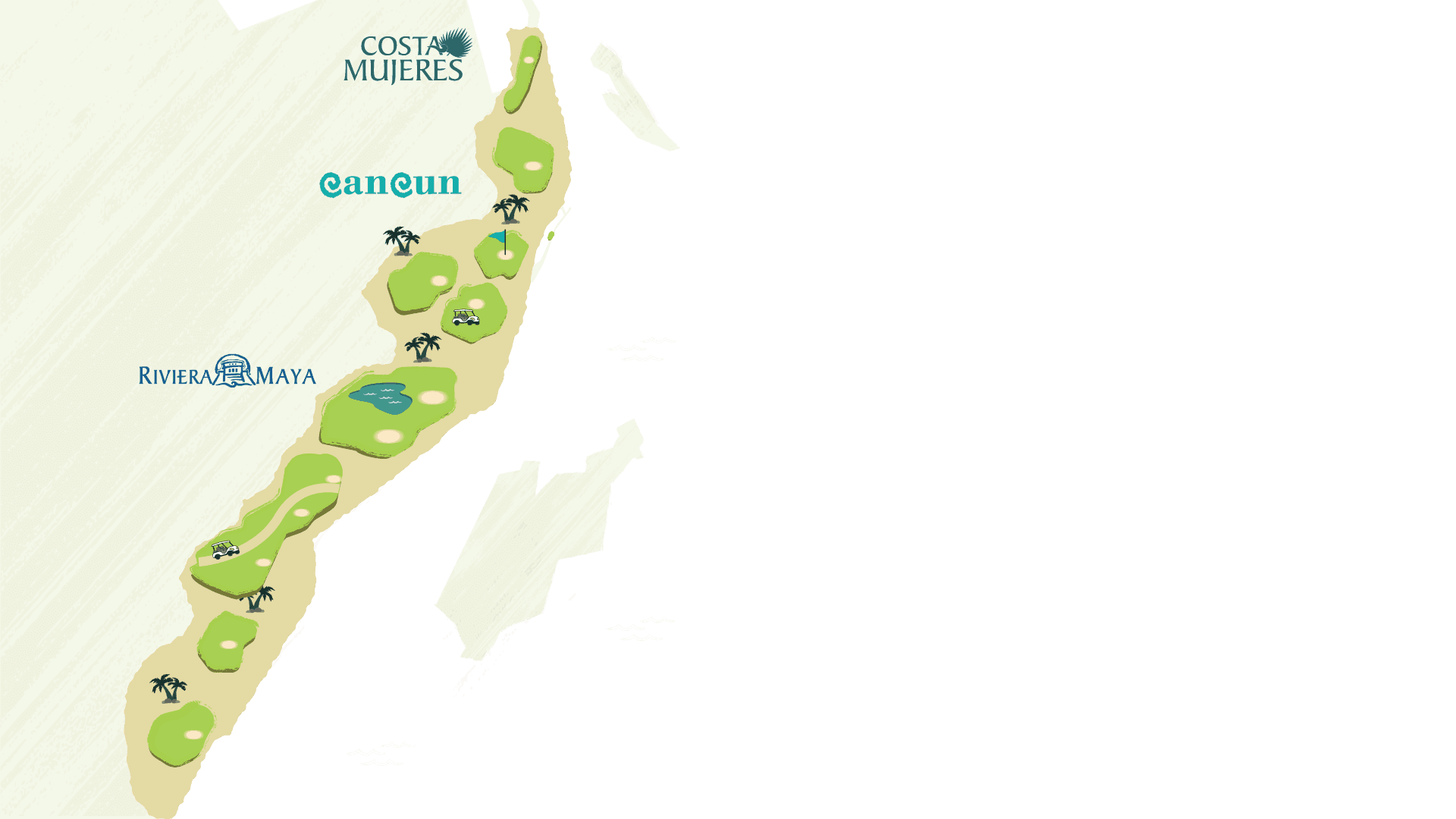Map of the Mexican Caribbean with the thirteen golf courses, from Playa Mujeres to the Riviera Maya