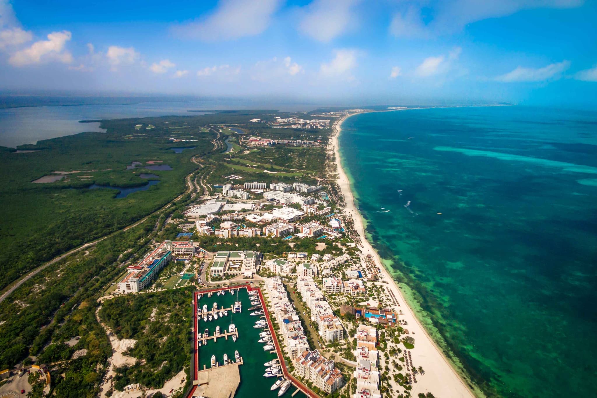 Aerial view of the hotels and marina at Costa Mujeres
