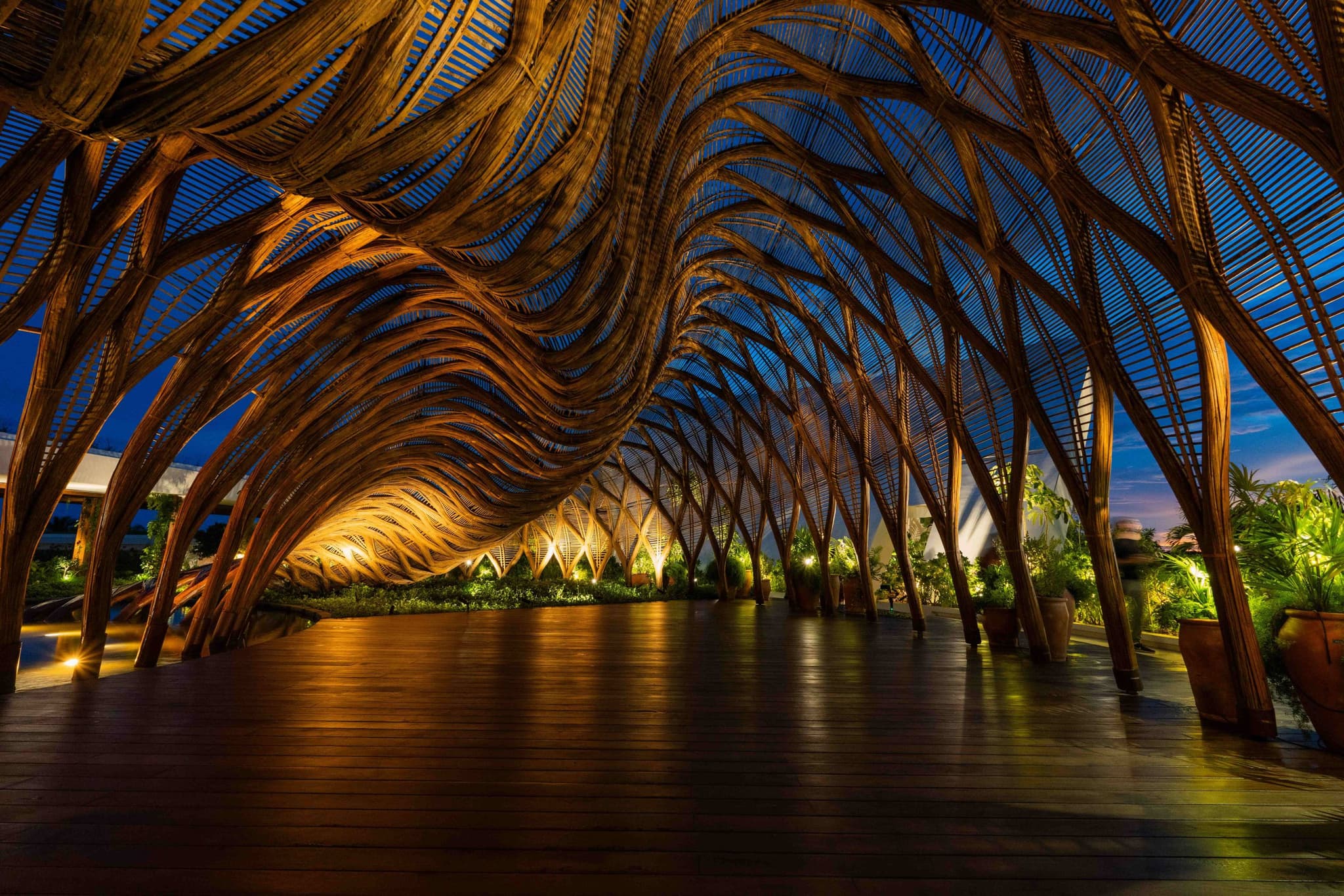 Woven timber interior lit at dusk
