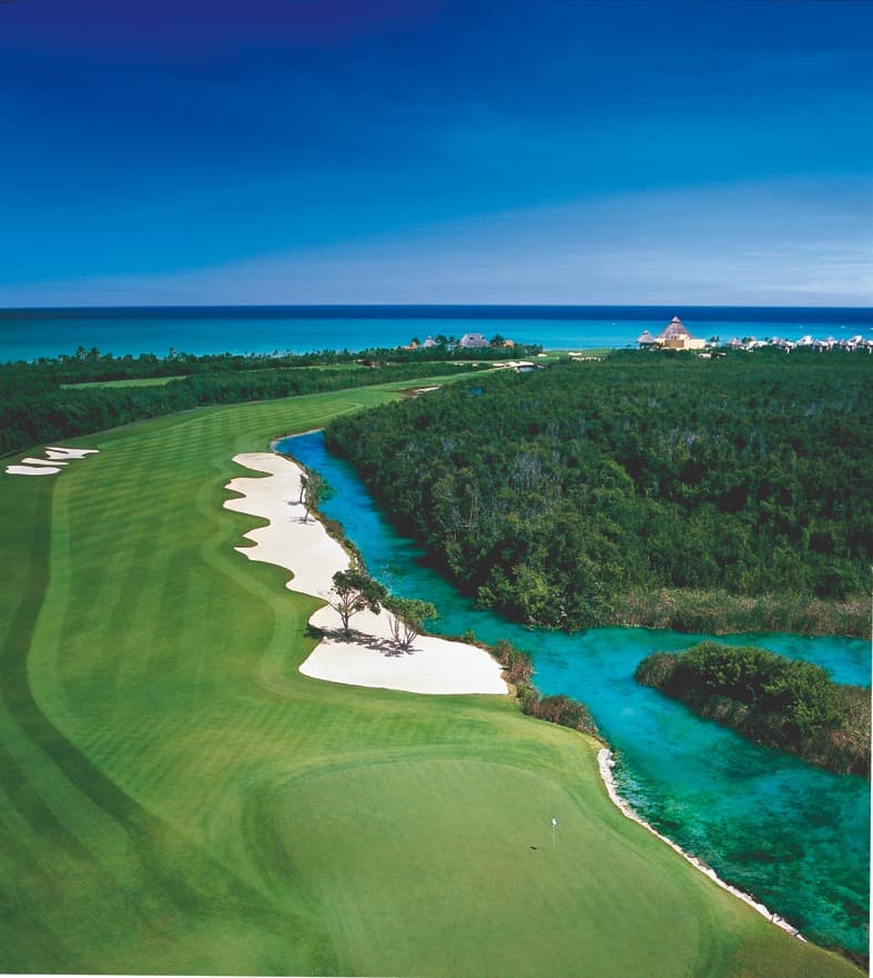 Aerial view of a golf course on the Mexican Caribbean coast (El Camaleón, Mayakoba)