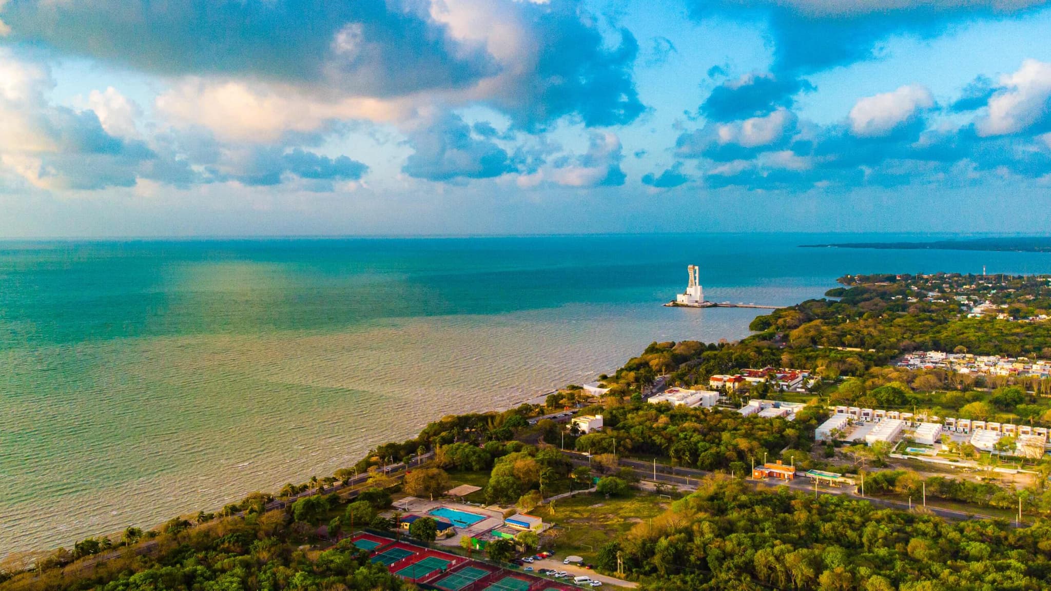 Aerial view of Chetumal Bay at sunset