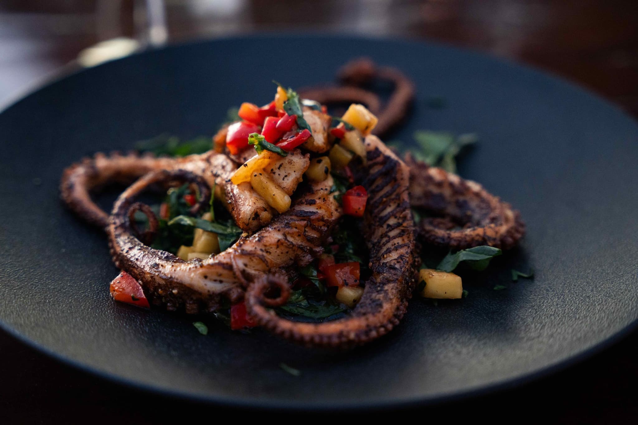 Plate of octopus prepared at a coastal restaurant