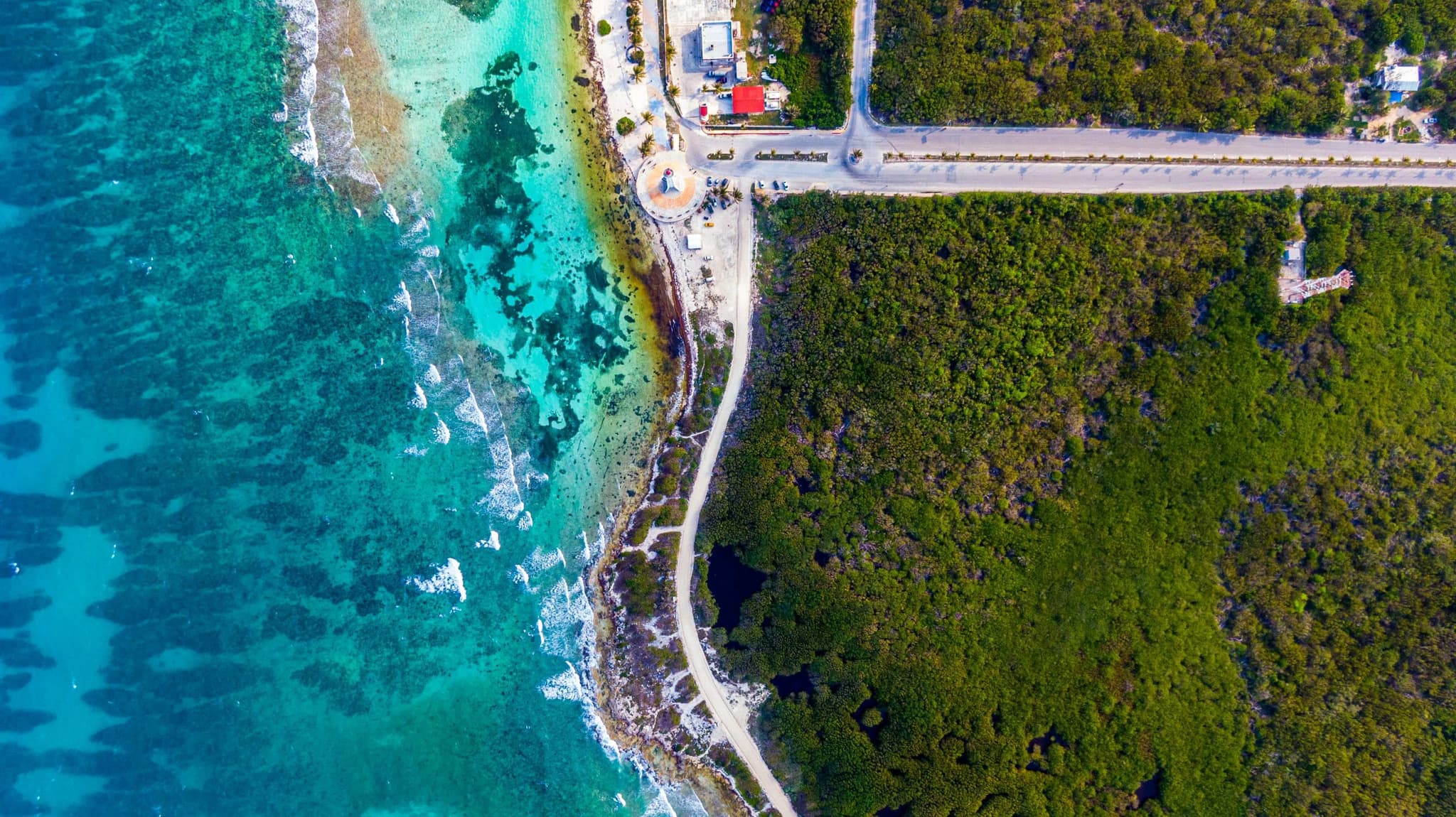 Aerial view of the reef coastline in Costa Maya