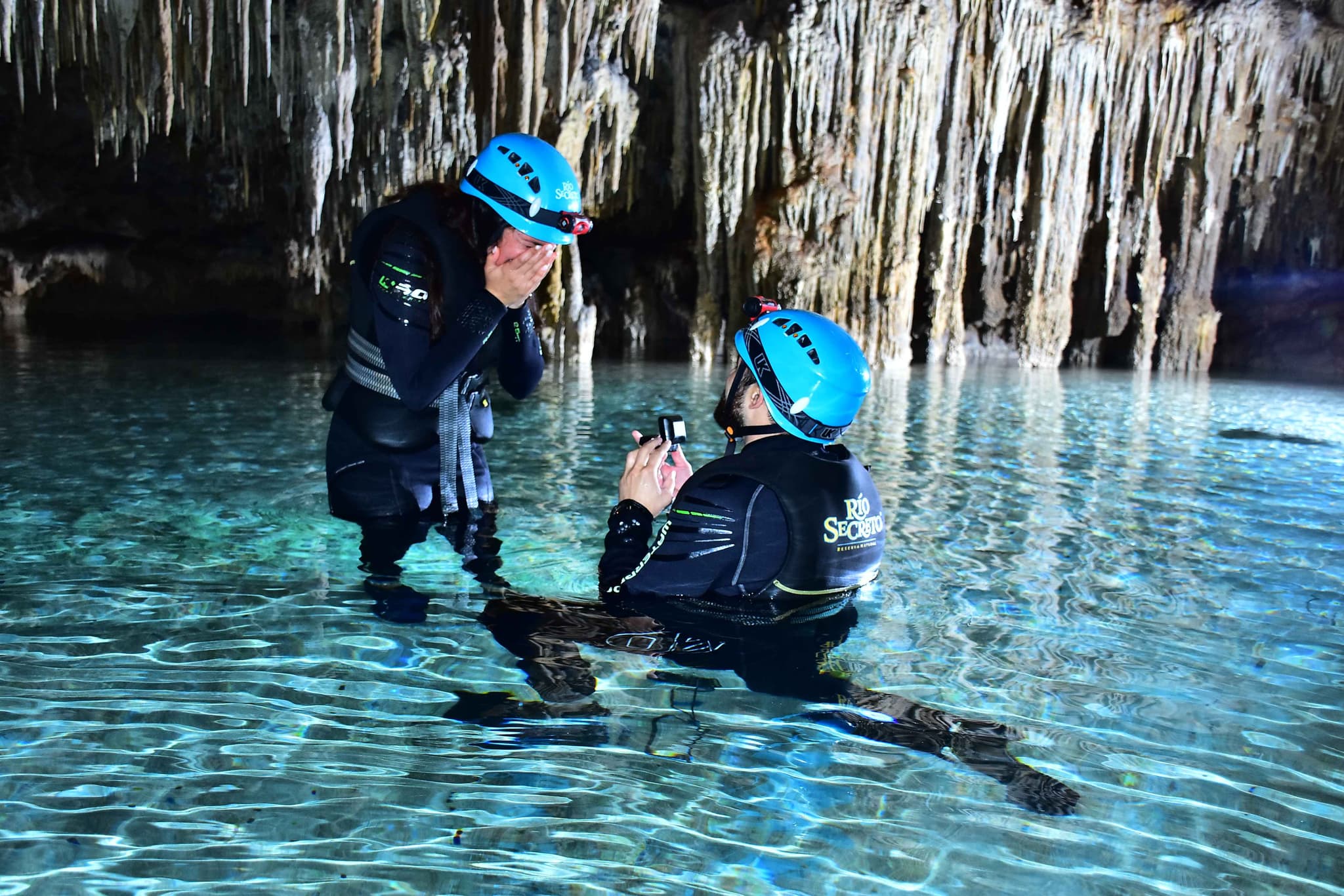 Marriage proposal in the underground river at Río Secreto, Playa del Carmen