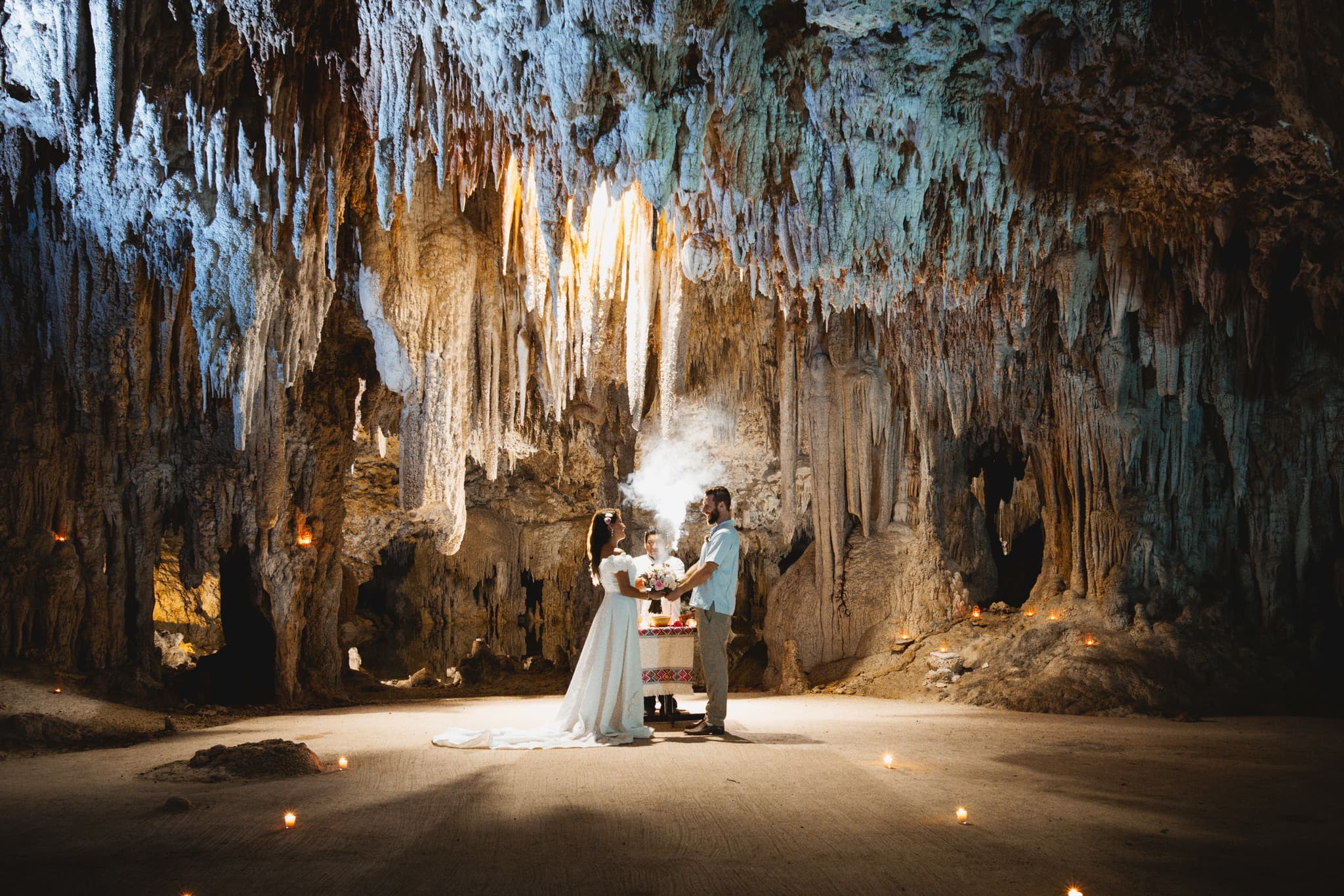 Wedding ceremony by candlelight inside a cave at Río Secreto, near Playa del Carmen