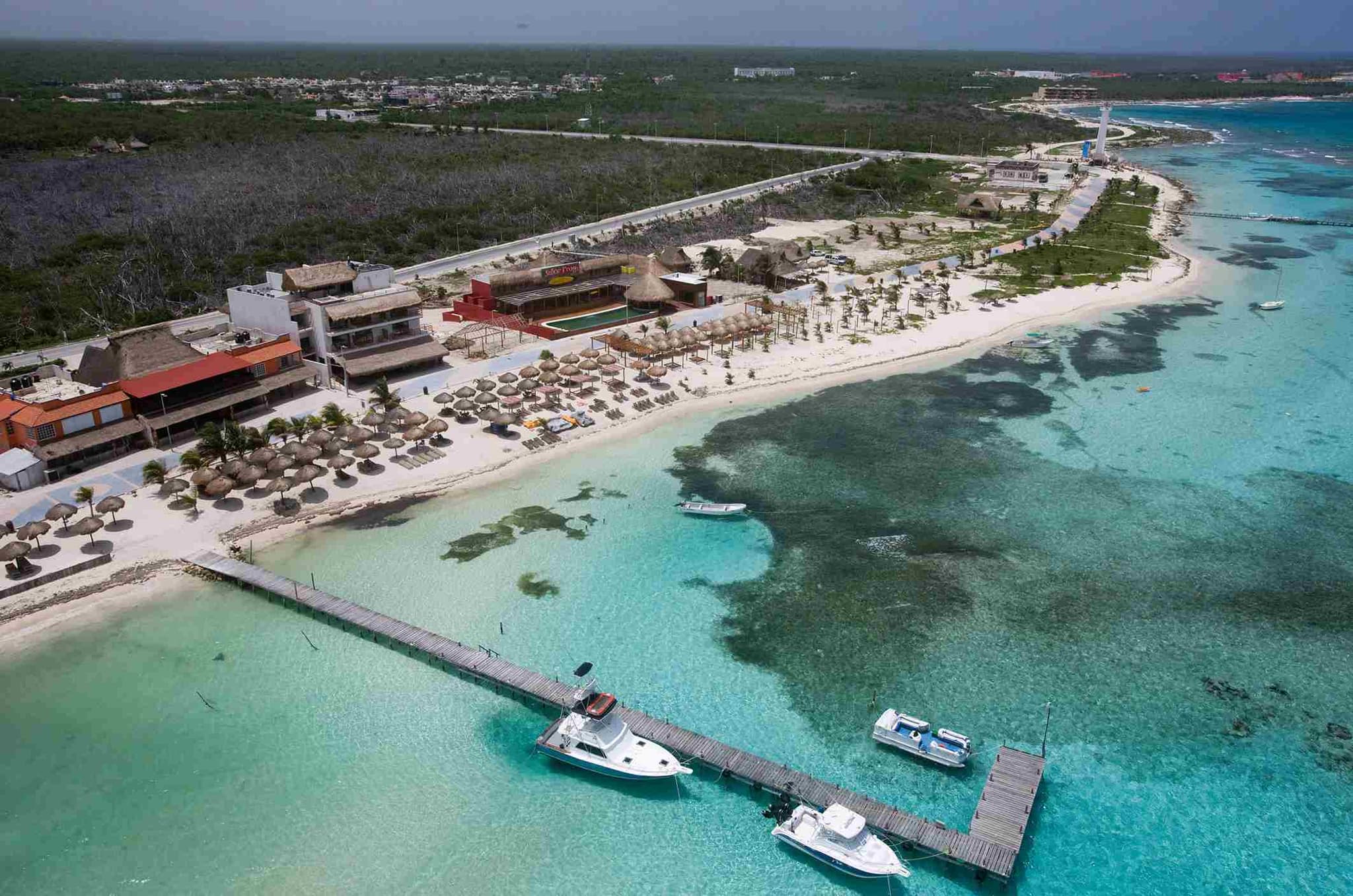 Aerial view of the boardwalk and pier in Mahahual