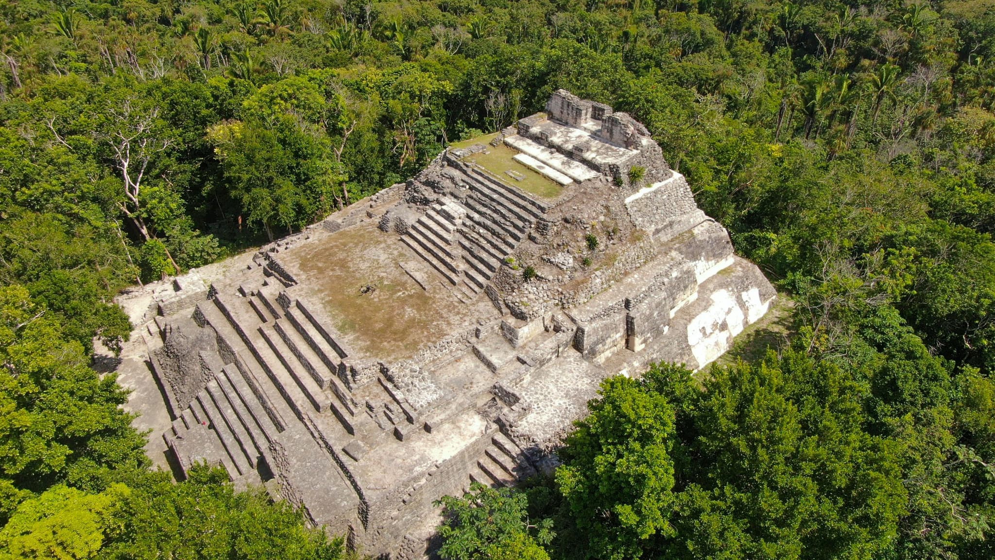 Aerial view of the Ichkabal acropolis in dense jungle